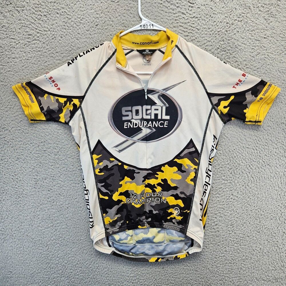 Canari Cycling Jersey Mens Size Medium White‎ Yellow 1/4 Zip Short Sleeve